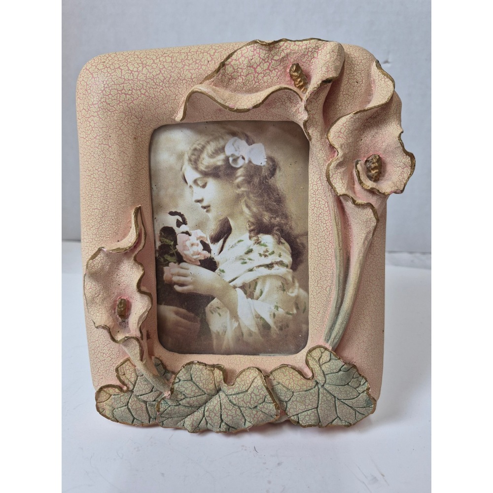 Vintage Pink Crackle Resin Calla Lily Flower Picture Frame 5x7 Art Nouveau Style